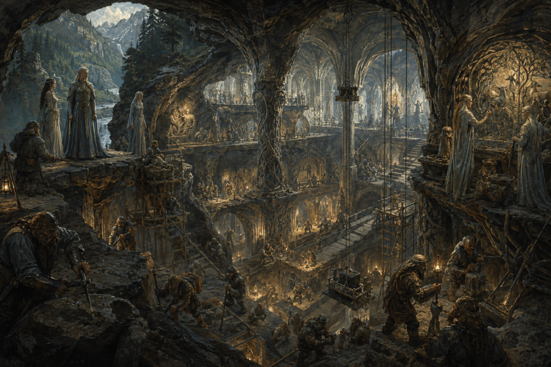 Dwarves of Belegost and Sindarin Elves work together to create the vast underground halls of Menegroth.