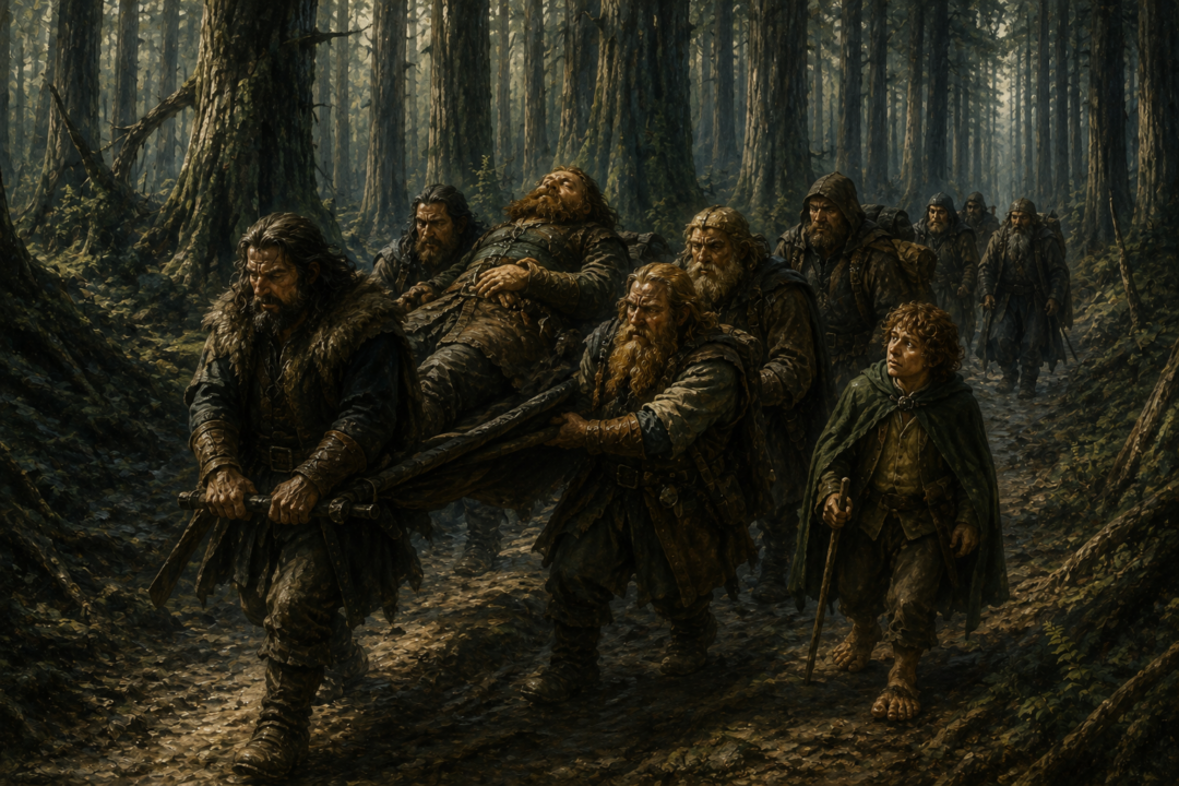 Exhausted Dwarves carry the enchanted sleeping Bombur along the dark Elf-path through Mirkwood.