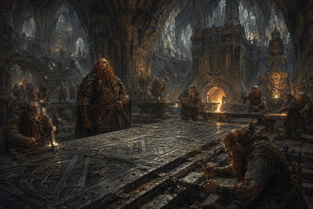 Dwarven craftsmen of Aglarond forging the new mithril and steel gates for Minas Tirith under Gimli's leadership.