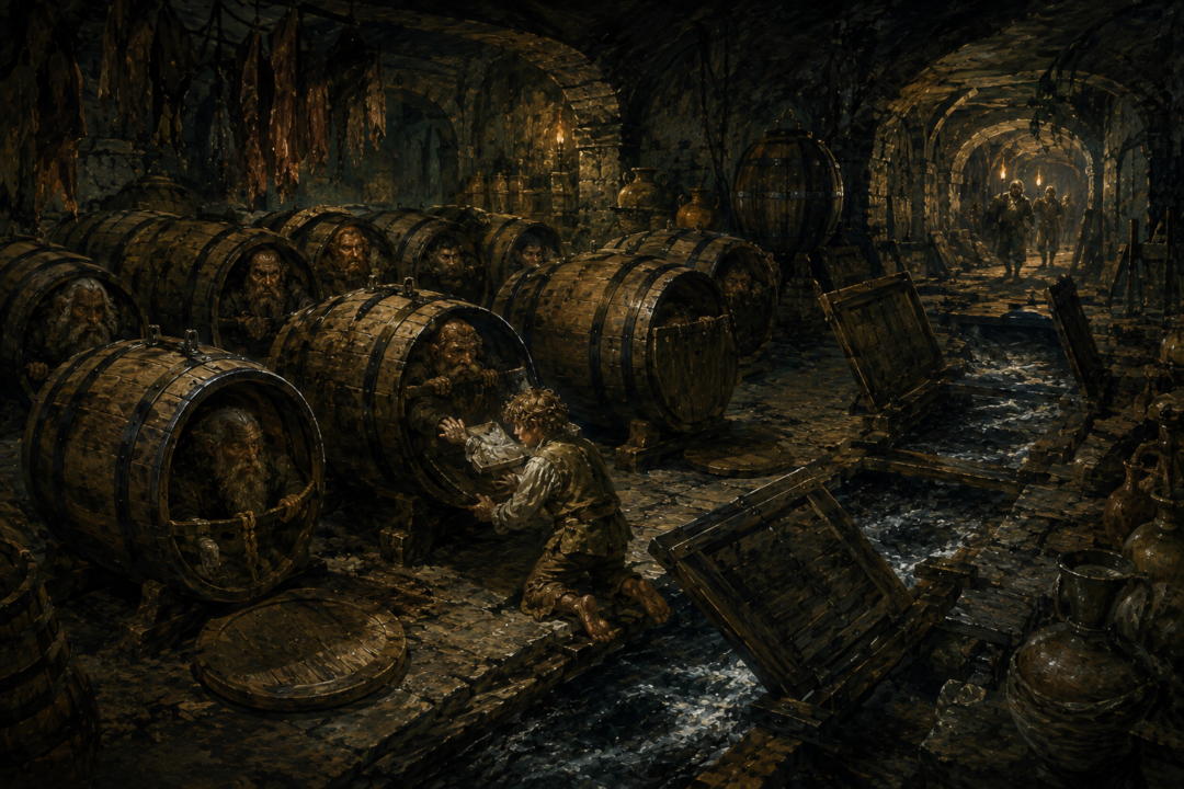 Bilbo conceals the thirteen Dwarves inside wooden barrels beside the cellar trapdoors and underground stream.
