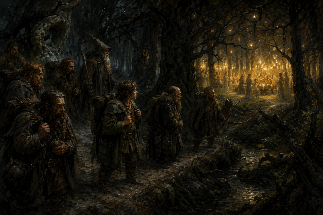 The hungry company sees tempting woodland feast lights beyond the Mirkwood path as their provisions run dangerously low.