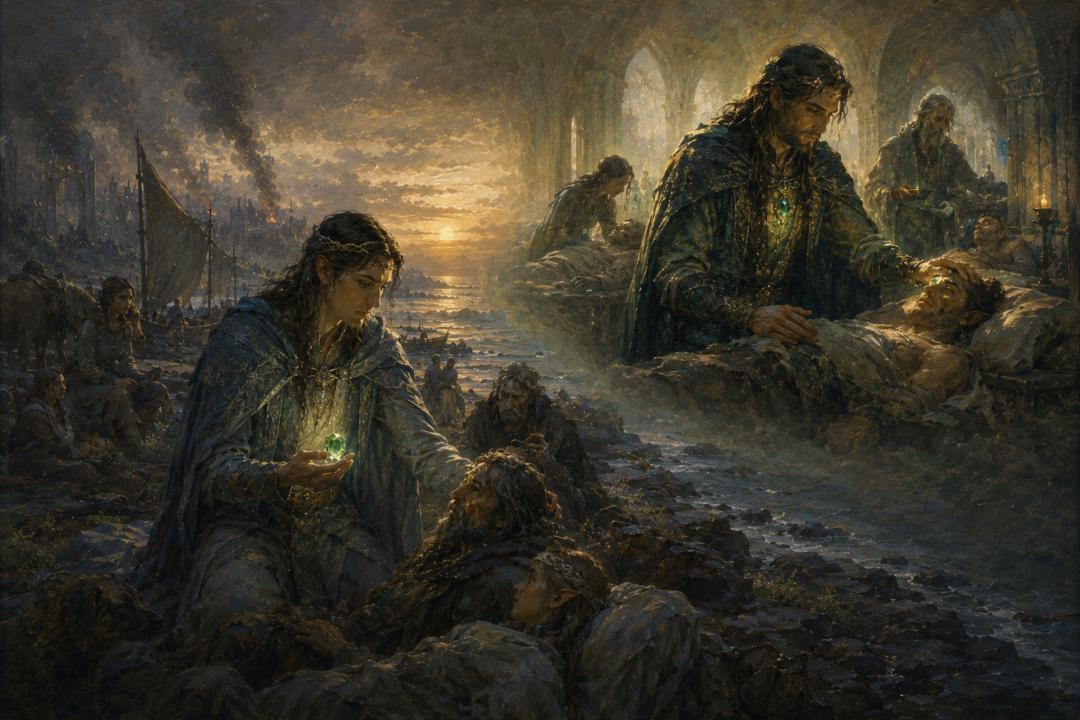 Eärendil and Aragorn connected across the Ages by the green Elessar and the theme of healing