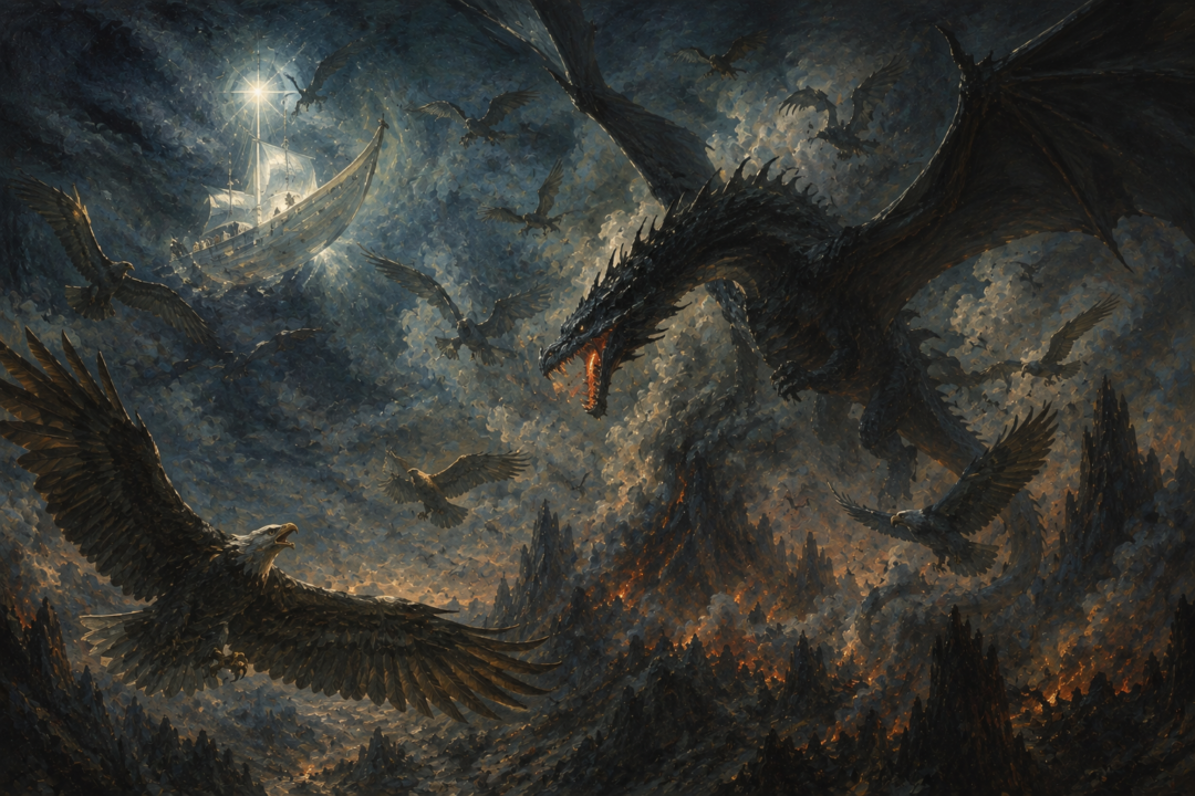 Eärendil in the shining ship Vingilot battling Ancalagon the Black with Thorondor and the great Eagles.