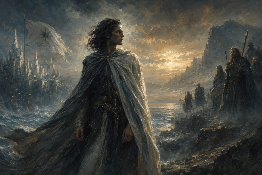 Eärendil standing symbolically between his Elven inheritance and the mortal people of his father Tuor