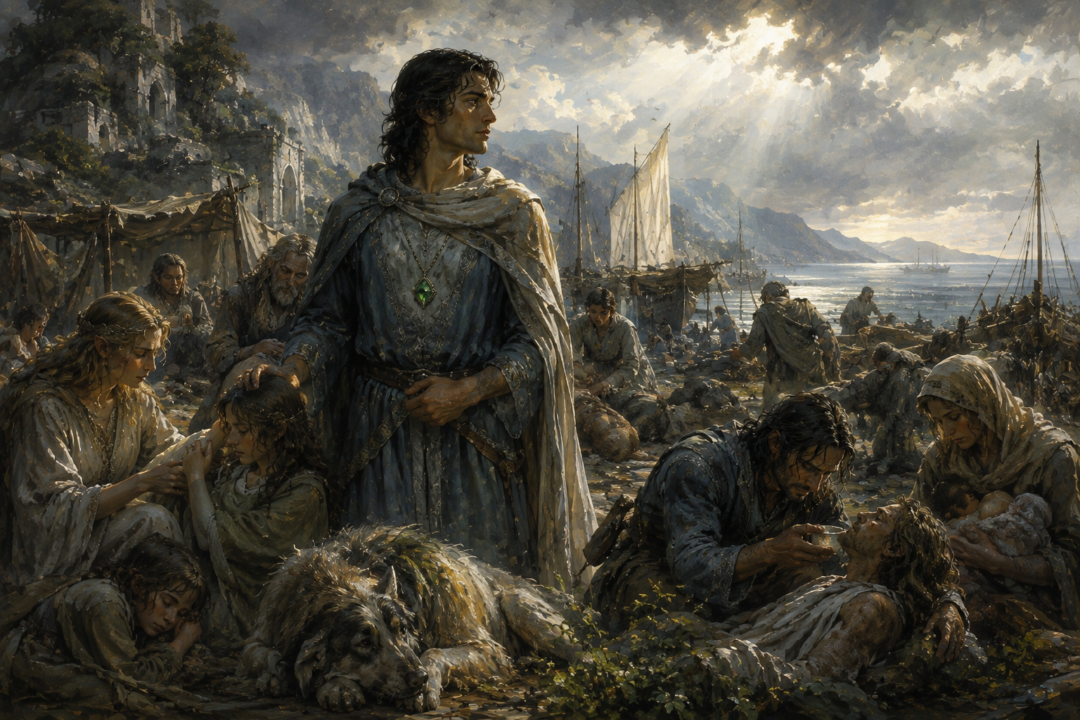 Eärendil wearing the green Elessar among refugees recovering at the Havens of Sirion.