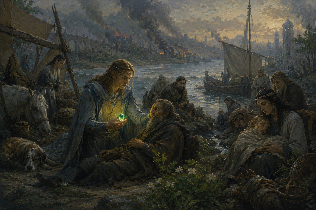 Eärendil bearing the Elessar while tending refugees and wounded creatures at the Havens of Sirion