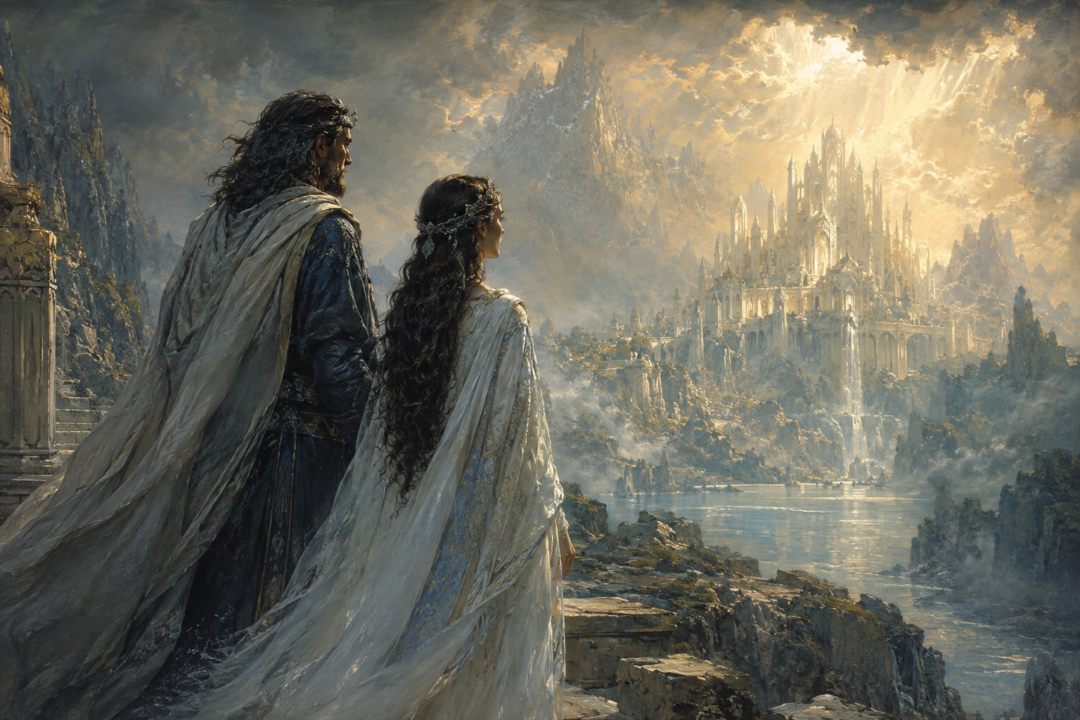 Eärendil and Elwing standing in Aman as they face the Choice of Kindreds between Elves and Men