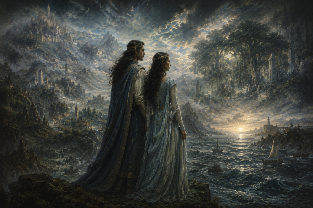 Eärendil and Elwing surrounded by memories of the lost First Age realms joined through their ancestry
