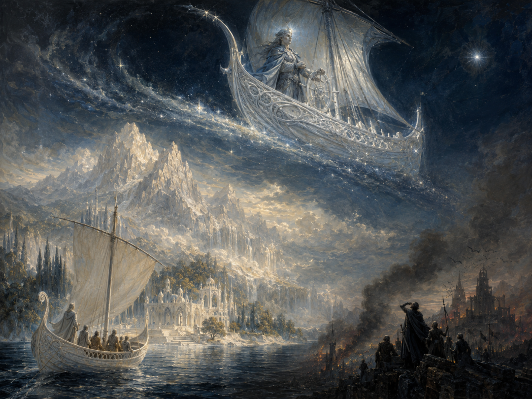 Eärendil and Elwing aboard Vingilot as the Silmaril illuminates their passage through the Shadowy Seas.