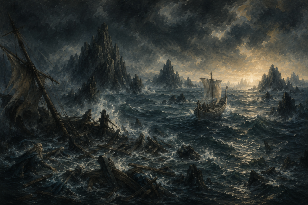 Vingilot approaching the Enchanted Isles through the mist and darkness of the Shadowy Seas.
