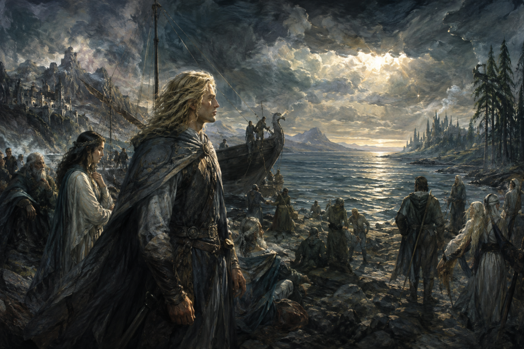 Eärendil looking west from the Havens of Sirion as survivors of Beleriand gather near Vingilot.
