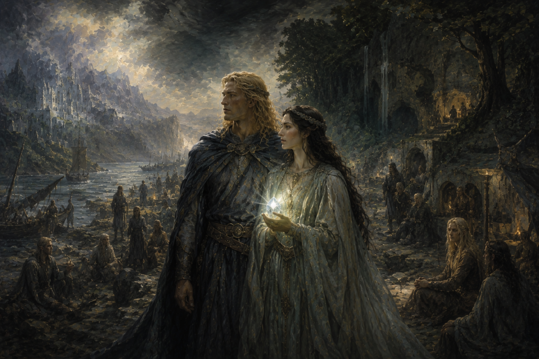 Eärendil arriving in Aman aboard Vingilot with the radiant Silmaril after crossing the sea.
