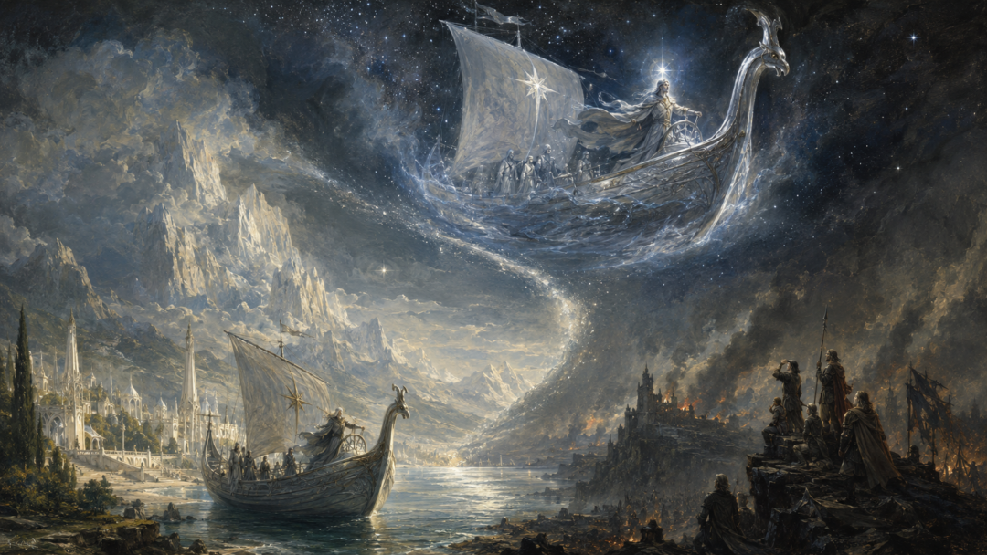 Eärendil’s ship Vingilot shown at Aman and later sailing the heavens as the Star of High Hope.