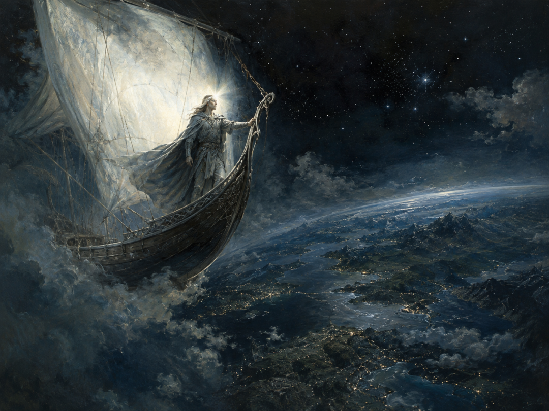 Eärendil sailing Vingilótë through the heavens with the Silmaril shining above Middle-earth