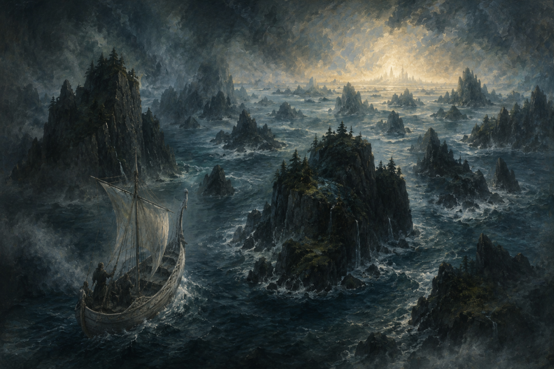 Eärendil sailing Vingilot west across Belegaer toward the supernatural shadows concealing Aman.