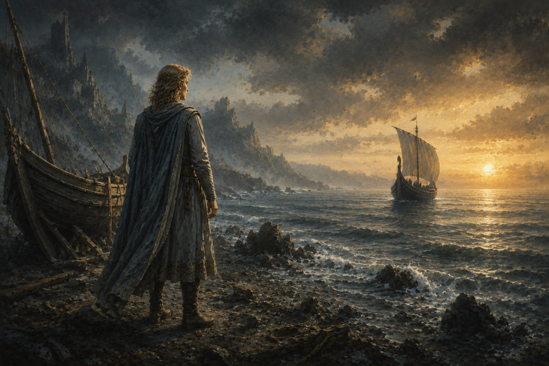 Eärendil watching the distant ship of Tuor and Idril disappear toward the western horizon.