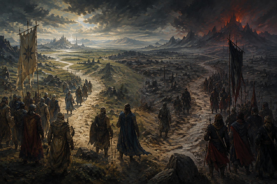 Symbolic divided paths representing different choices among the Easterlings of Middle-earth