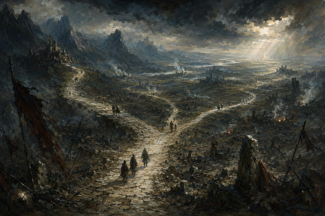 Ancient roads dividing across a landscape symbolizing choice and destiny in Middle-earth history