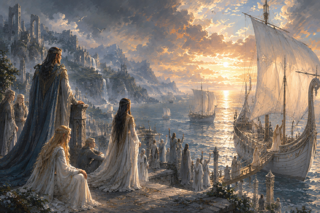 The Edain crossing the Great Sea in Elven ships toward Númenor beneath the star of Eärendil.