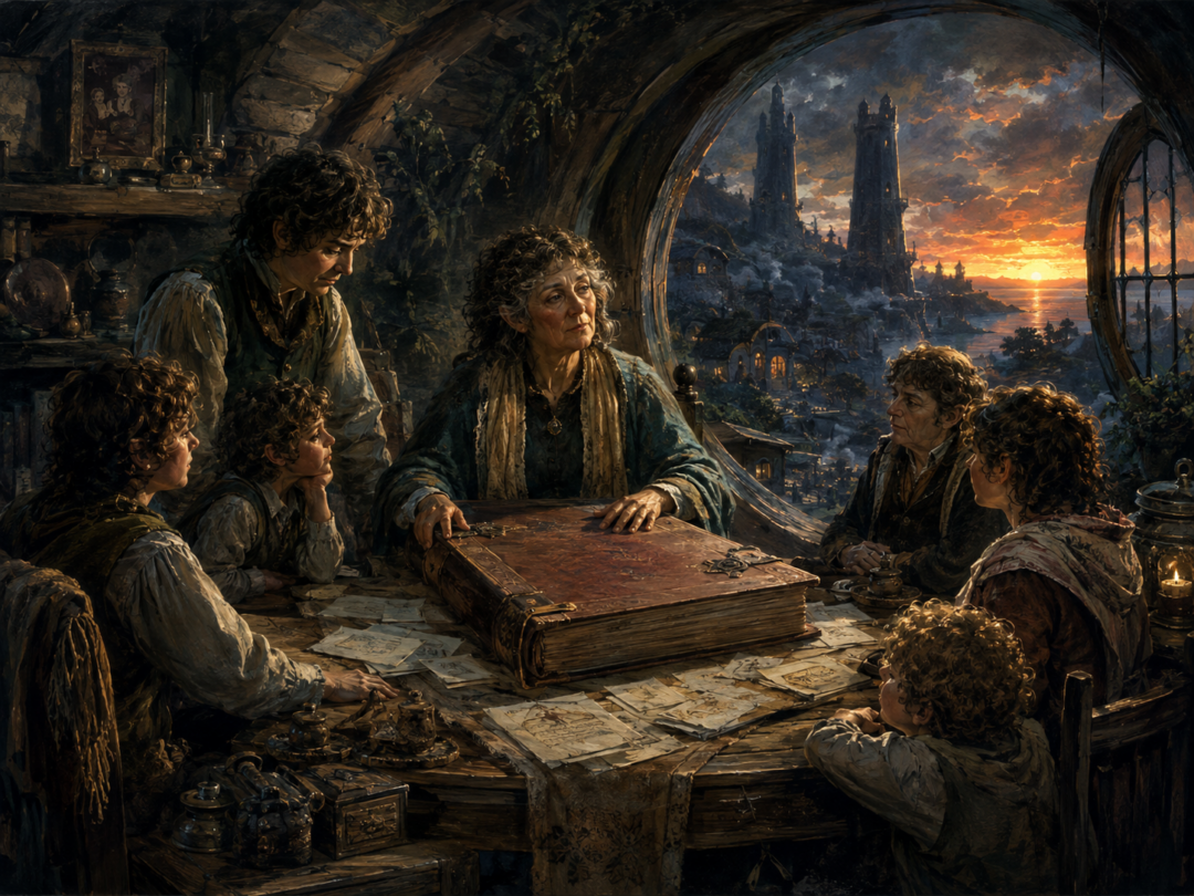 Elanor and the Fairbairns preserving the Red Book at Undertowers in the Fourth Age