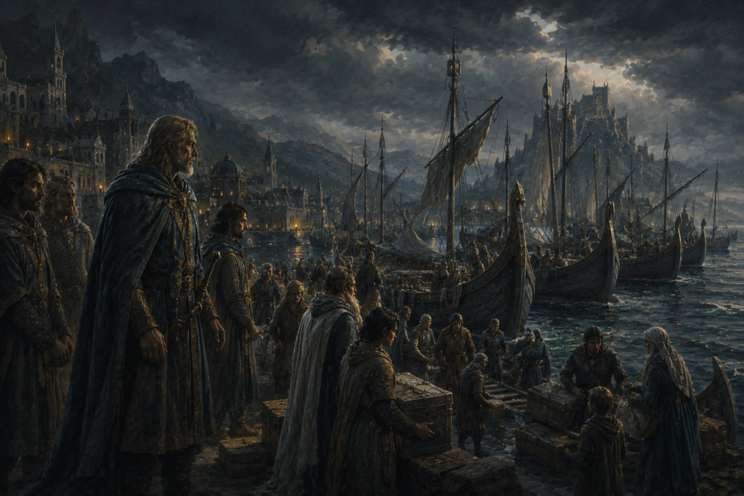 Elendil and the Faithful preparing nine ships near Rómenna before the Downfall of Númenor.