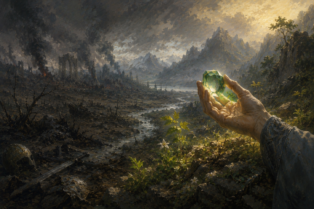 Green Elessar held above scorched earth and broken weapons as fresh growth returns