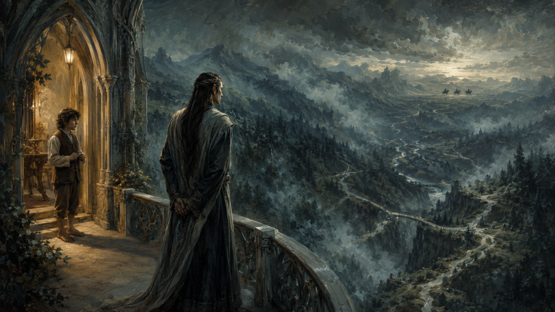 Elrond watches the dangerous roads beyond Rivendell while Frodo waits safely inside the hidden valley.