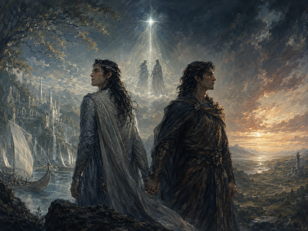 Elrond and Elros facing separate paths as each receives the choice between the fates of Elves and Men