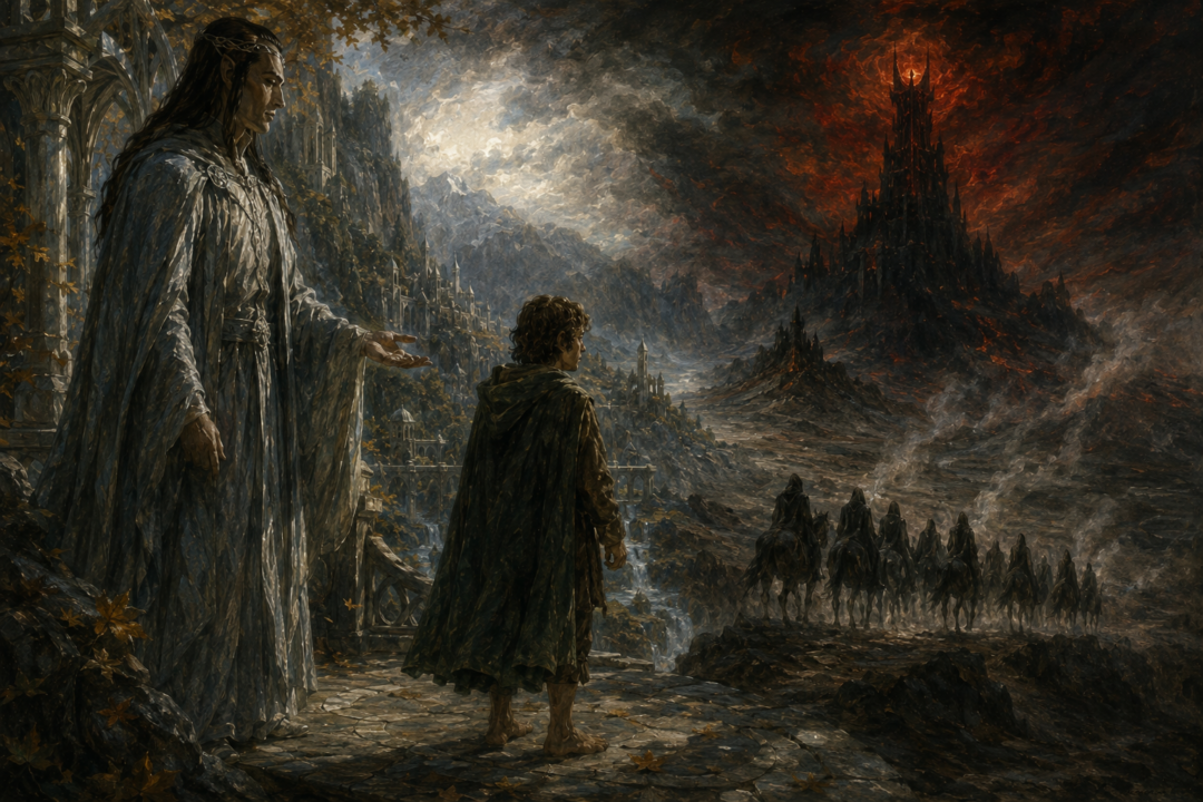 Symbolic contrast between Elrond allowing Frodo a free choice in Rivendell and Sauron's domination in distant Mordor.