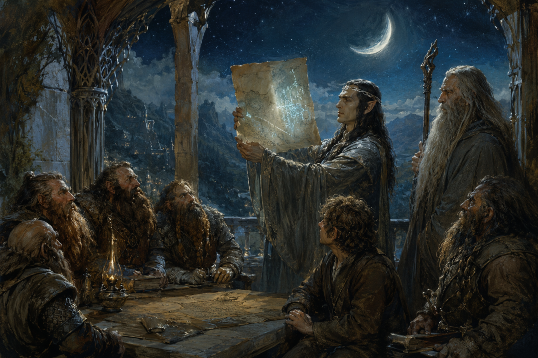 Elrond holds Thrór’s map before the Midsummer moon as hidden moon-letters appear in Rivendell.