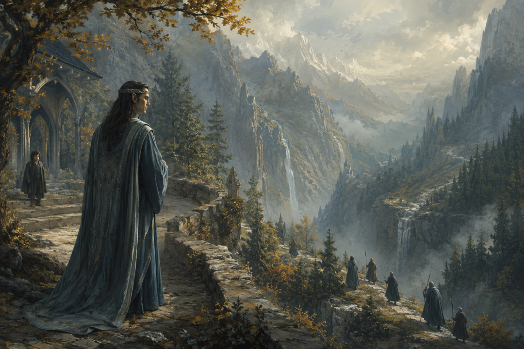 Elrond watches Elven scouts depart Rivendell after the Council while Frodo remains in the hidden valley.