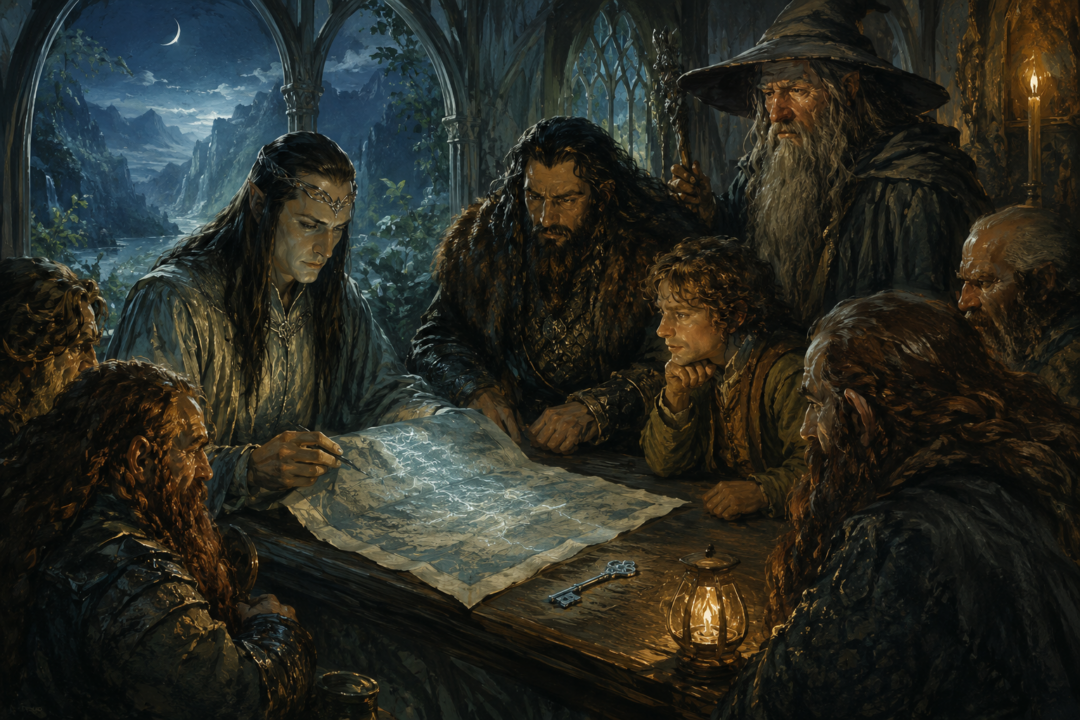 Elrond examines Thrór’s Map by moonlight in Rivendell as Thorin, Bilbo, Gandalf, and the Dwarves watch.