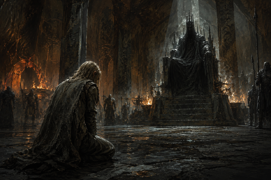 An Elven captive brought before Morgoth inside the dark halls of Angband during the First Age