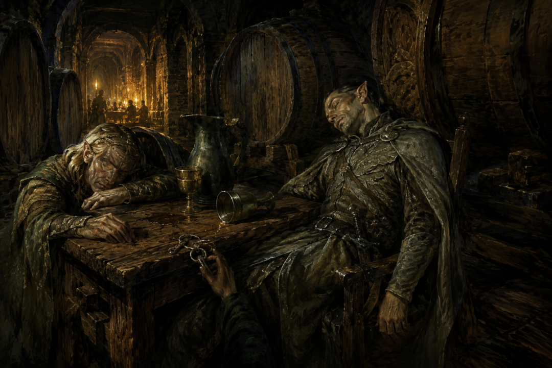 The Wood-elf butler and chief guard sleep after drinking potent wine while Bilbo reaches for the prison keys.