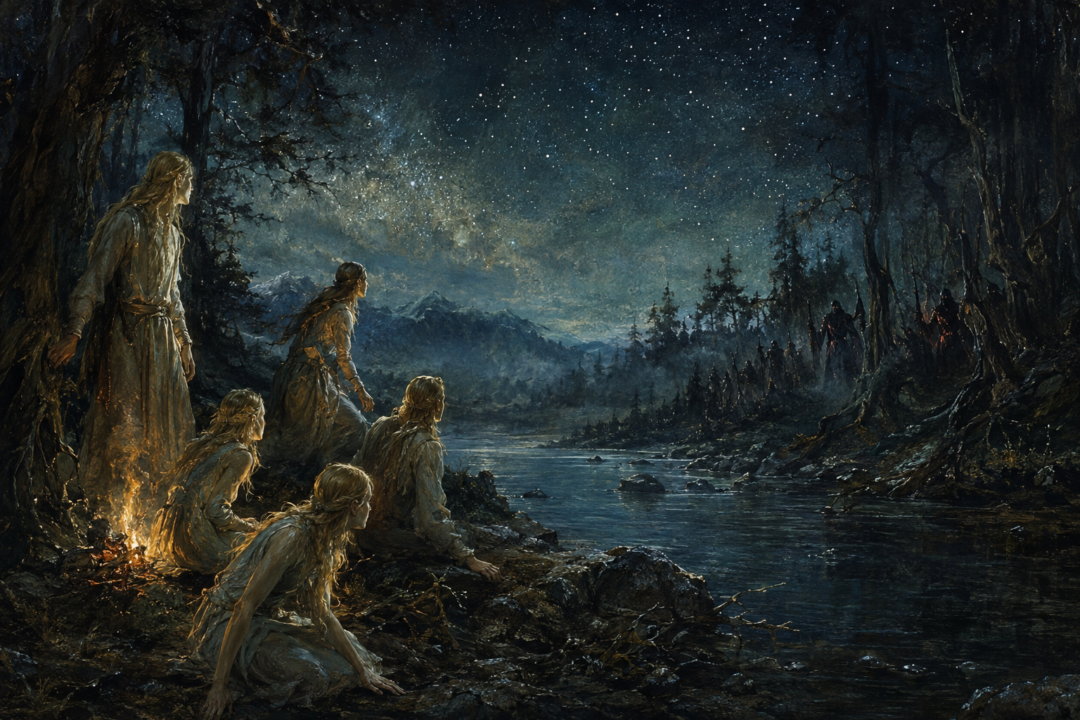 Early Elves beneath the stars at Cuiviénen while hidden servants of Melkor watch from the darkness.