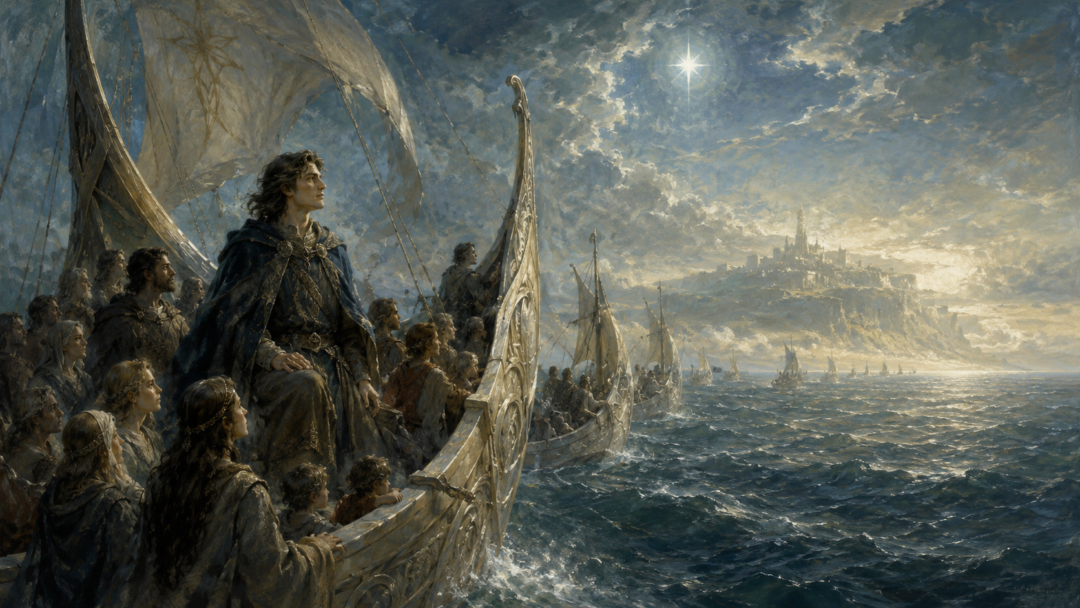 A symbolic contrast between Elves sailing toward the Blessed Realm and the Edain journeying west to mortal Númenor.