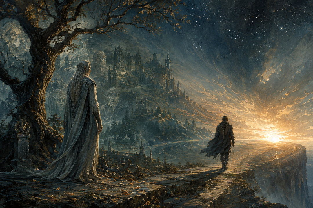 An ancient Elf remains within Arda while a mortal Man walks toward a mysterious horizon beyond the world.