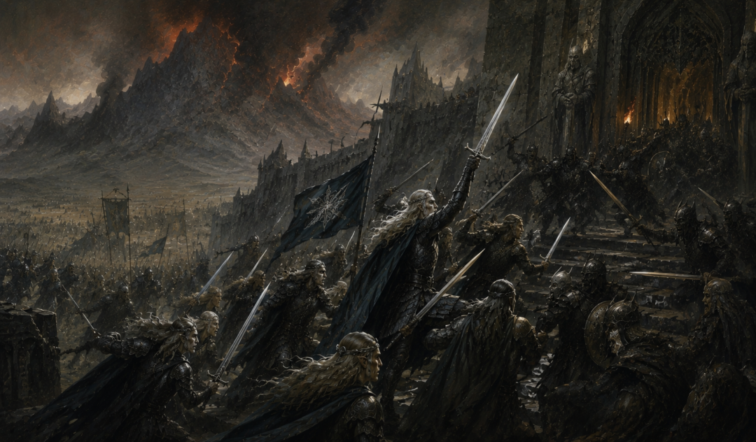 Gwindor's Nargothrond warriors breaking into the outer defenses of Angband beneath Thangorodrim.