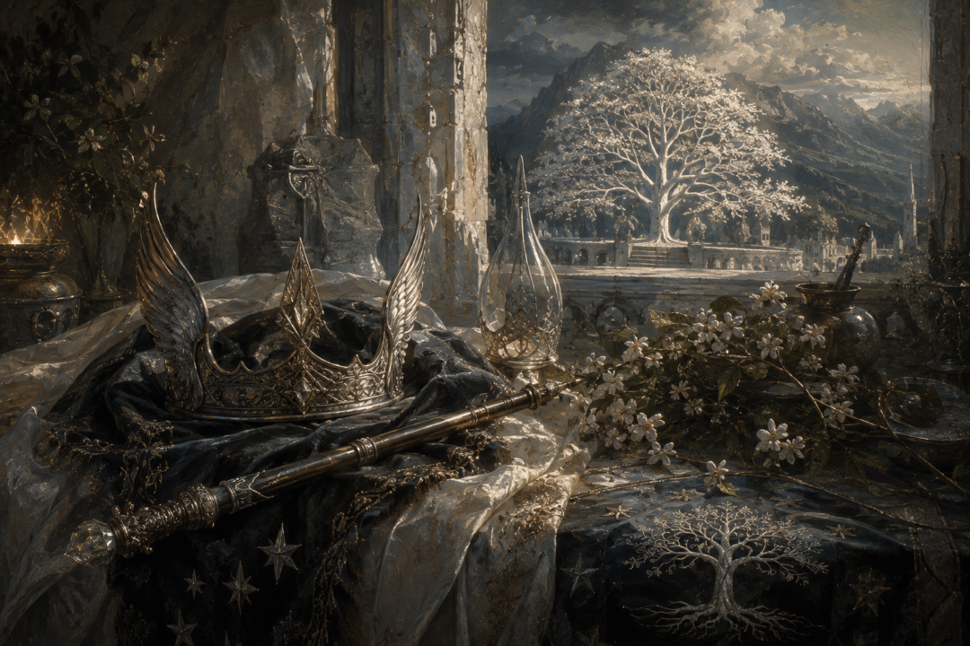 Crown of Gondor and Sceptre of Annúminas beside Elvish elements representing the joined heritage of Arwen and Aragorn