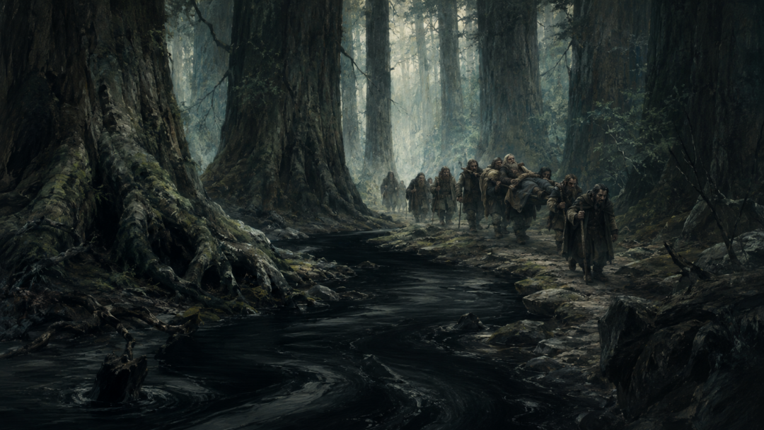 The black Enchanted Stream winds through Mirkwood as Thorin's exhausted Company carries the sleeping Bombur onward.