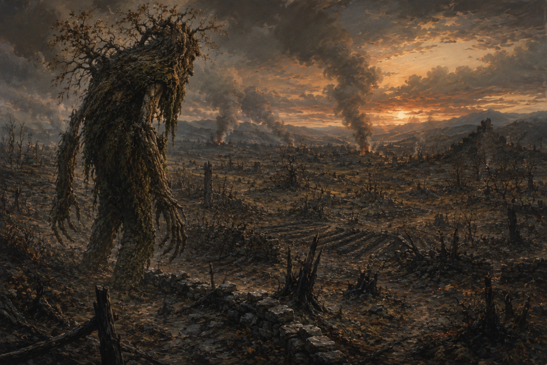 An Ent beside an ancient forest and an Entwife among distant orchards and fields, separated across a changing landscape.