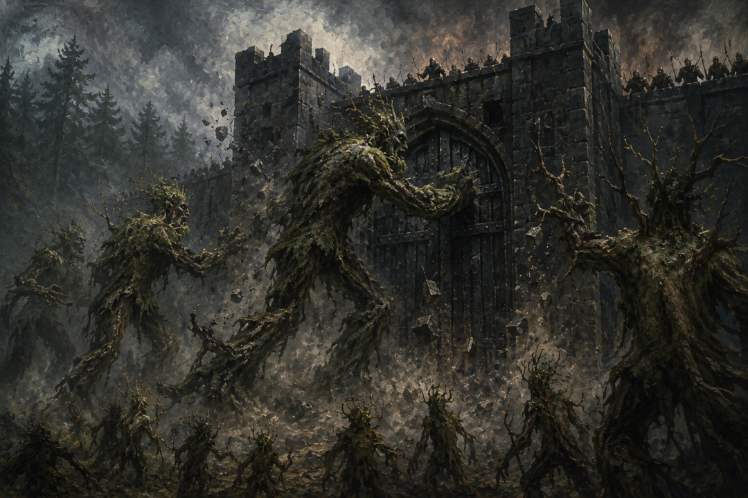 Treebeard and the Ents attacking the great iron gates and stone entrance of Isengard