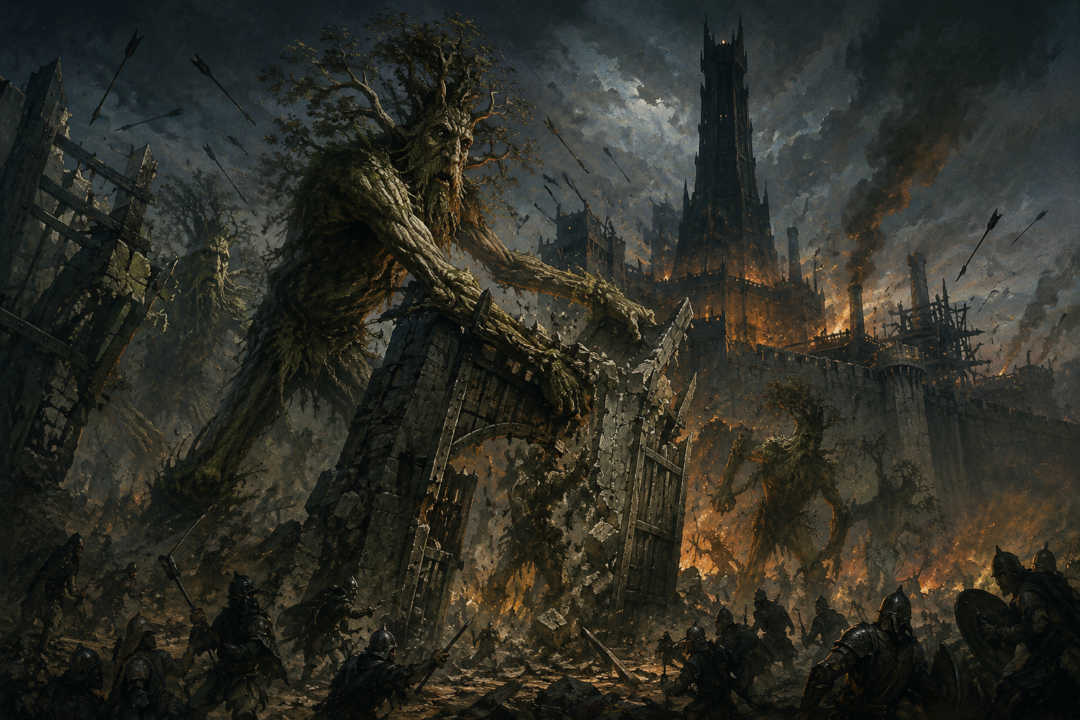 Treebeard and the Ents smash the gates and walls of lightly defended Isengard during their sudden assault.
