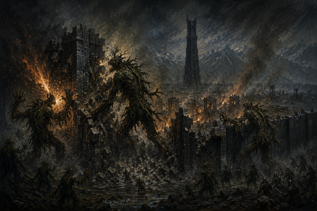 Ents tearing breaches through the Ring-wall of Isengard while fires burn inside the fortress