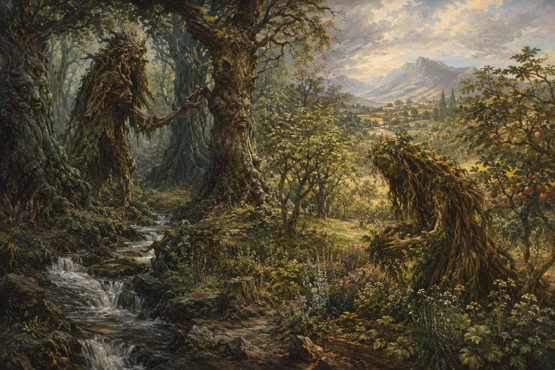 An ancient Ent in a wild forest contrasted with an Entwife tending cultivated gardens and meadows.