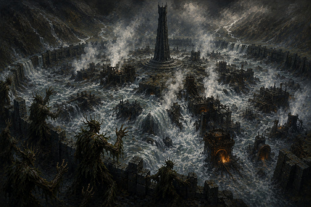 Floodwaters rushing through ruined Isengard and extinguishing Saruman's underground furnaces