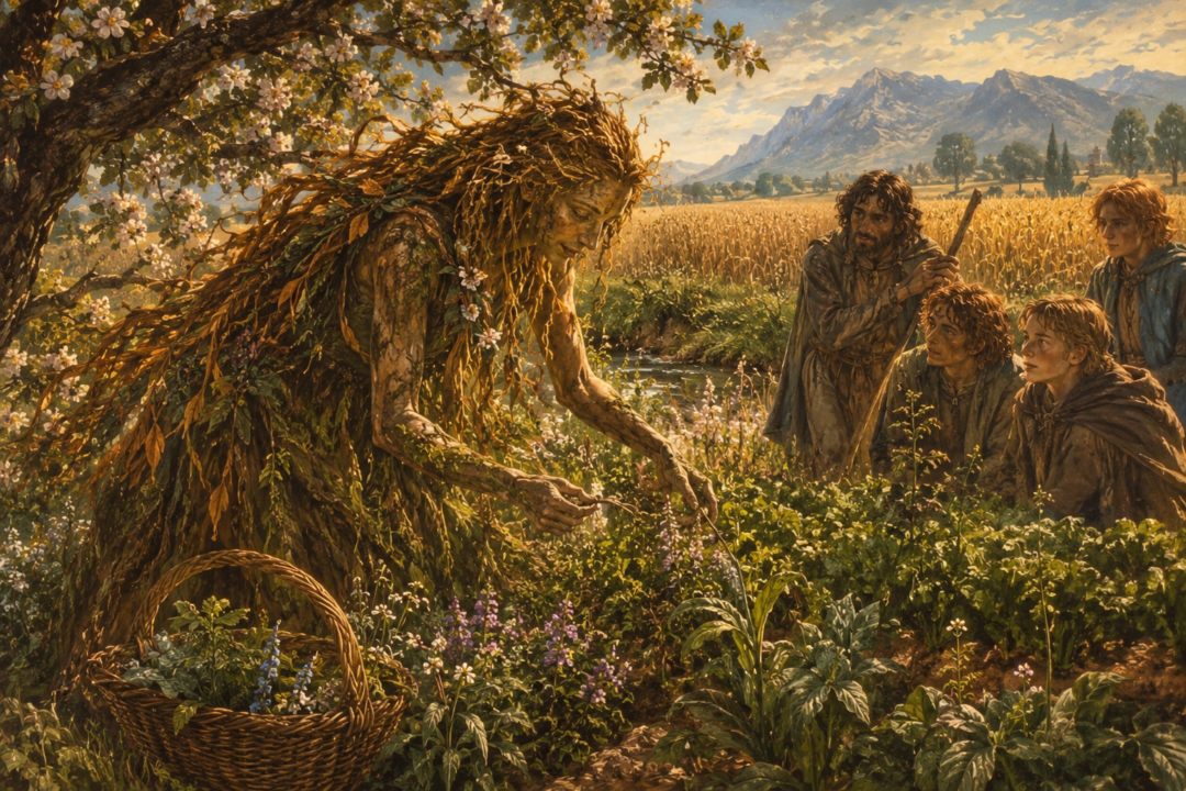 An Entwife tending fertile gardens and fields while Men observe her cultivation of plants.