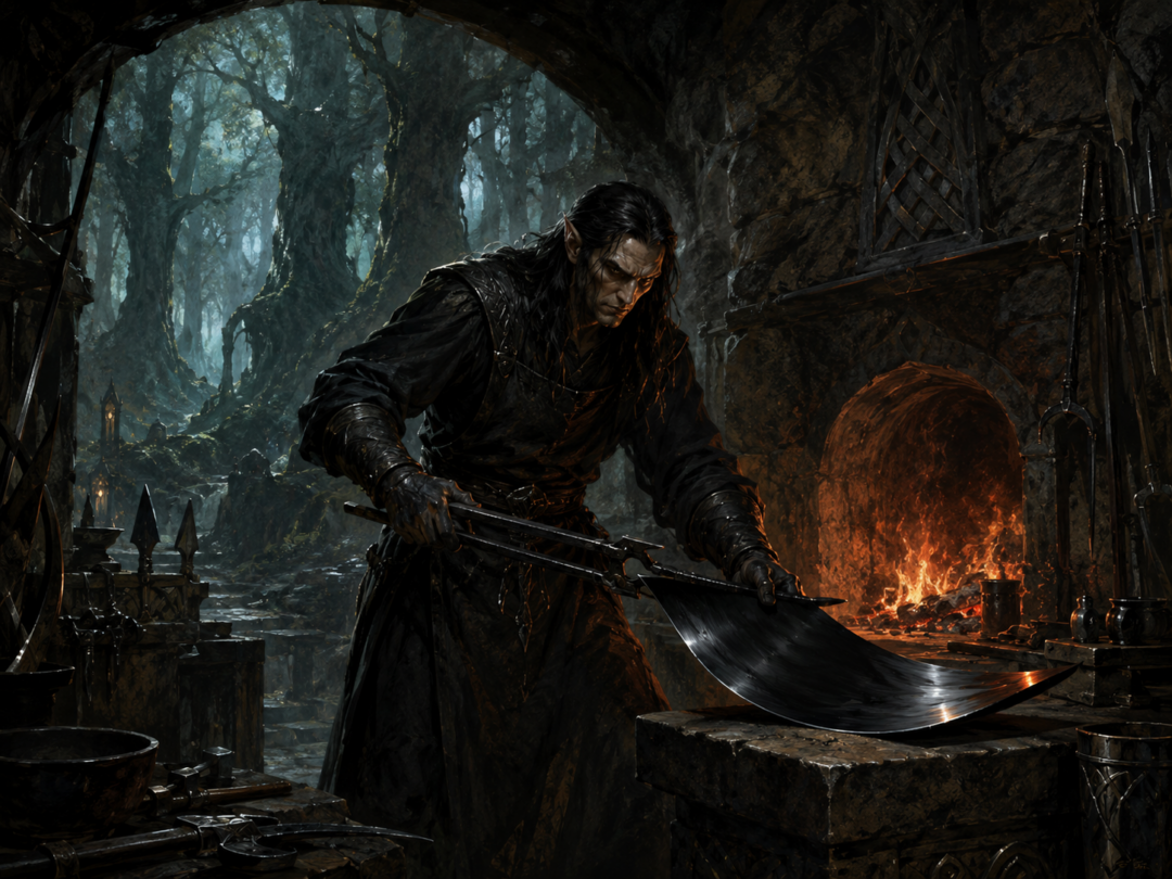 Eöl forging thin shining black galvorn in his hidden smithy beneath the trees of Nan Elmoth.