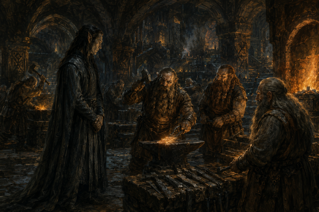 Eöl learning advanced metalworking from Dwarven smiths in a great forge of the Blue Mountains.