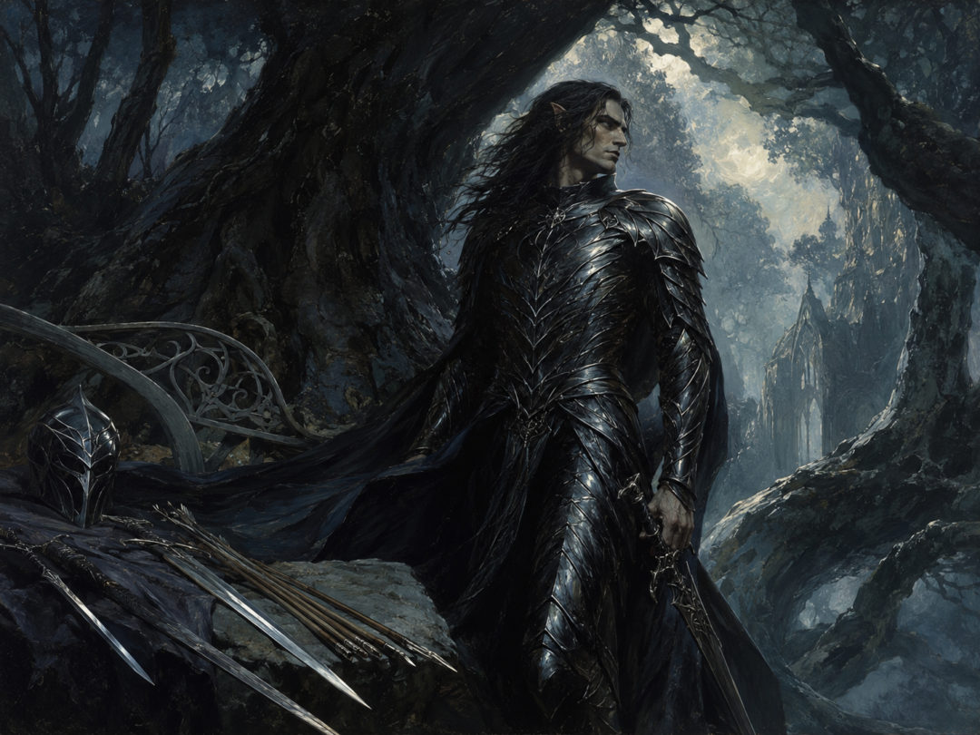 Eöl wearing supple black galvorn armour beneath the shadowed trees of Nan Elmoth.